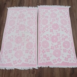 Vintage Cannon Pink Floral Towel Set 40 x 21 Fringed USA Made Bath Towels READ